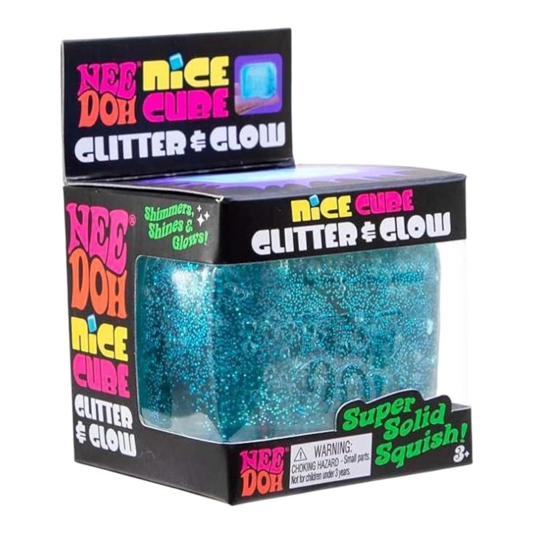 NeeDoh Nice Cube Glitter & Glow sensory fidget toy in blue with embedded glitter and glow-in-the-dark features.