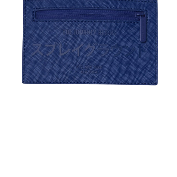 HypeSelection blue faux leather Sprayground BENCH CLEARING backpack with embossed Japanese text and zipper detail.