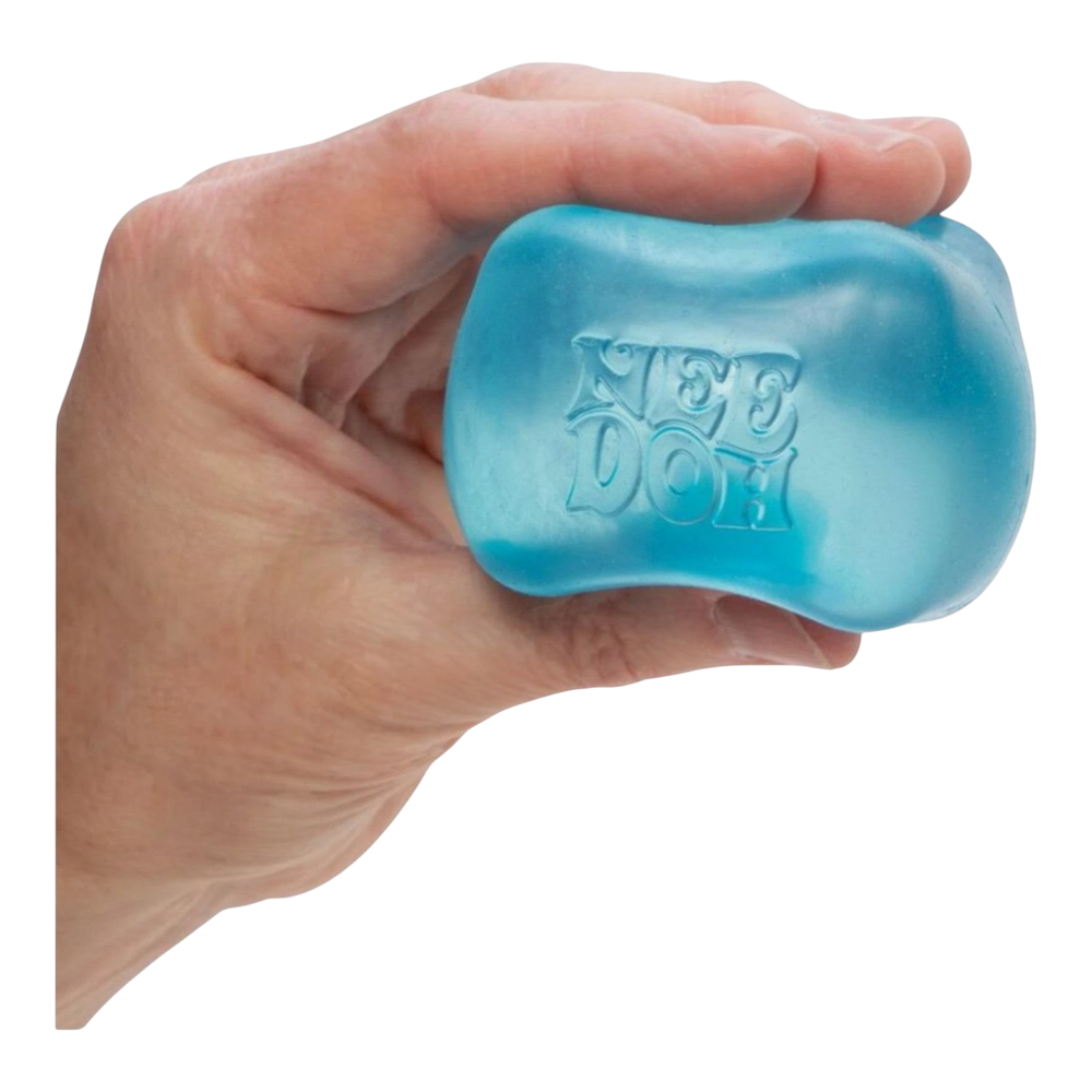 HypeSelection blue NeeDoh Nice Cube squishy fidget toy made of TPE with gel filling, held in a hand.