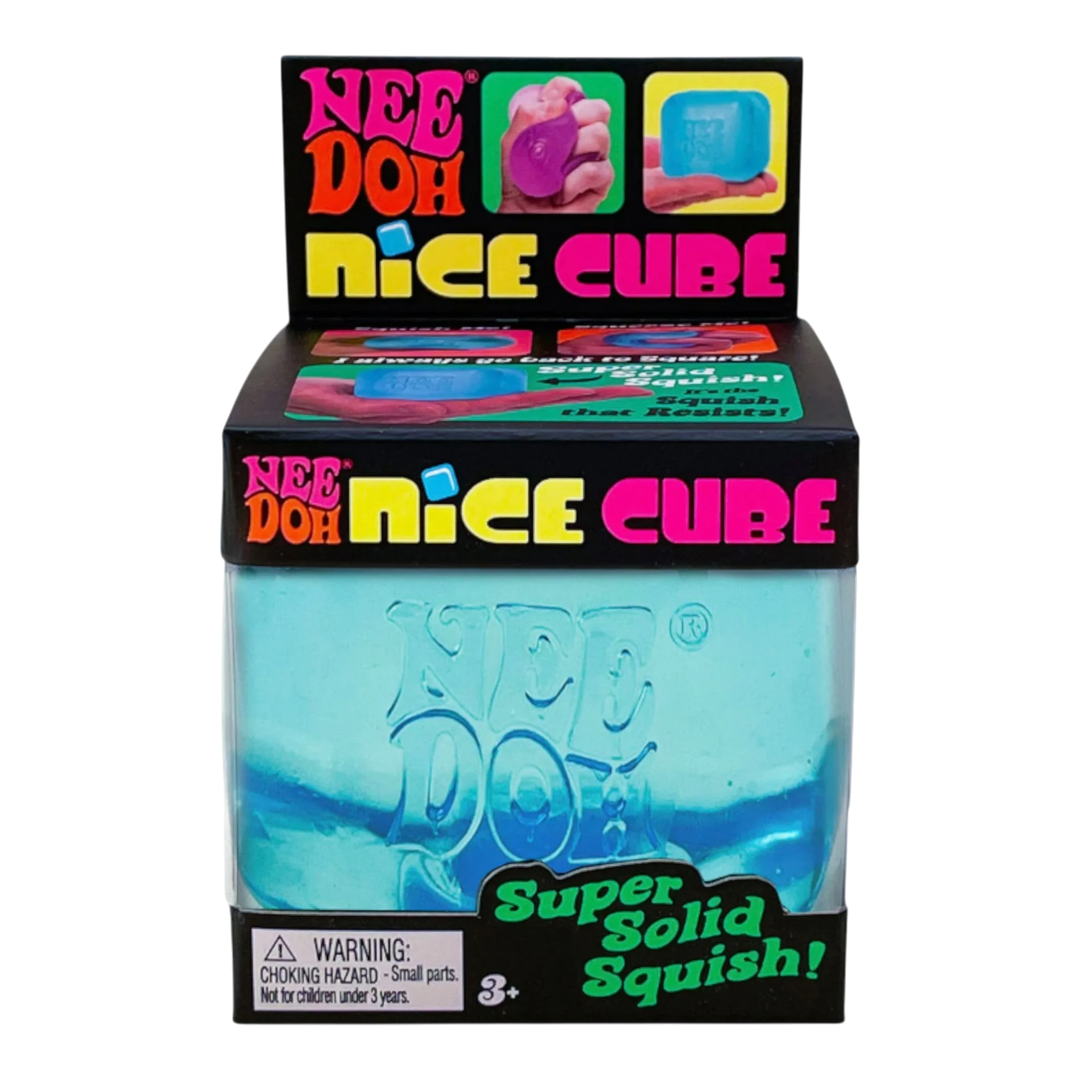 HypeSelection NeeDoh Nice Cube blue squishy fidget toy made of TPE with gel filling. Cube-shaped stress relief toy.