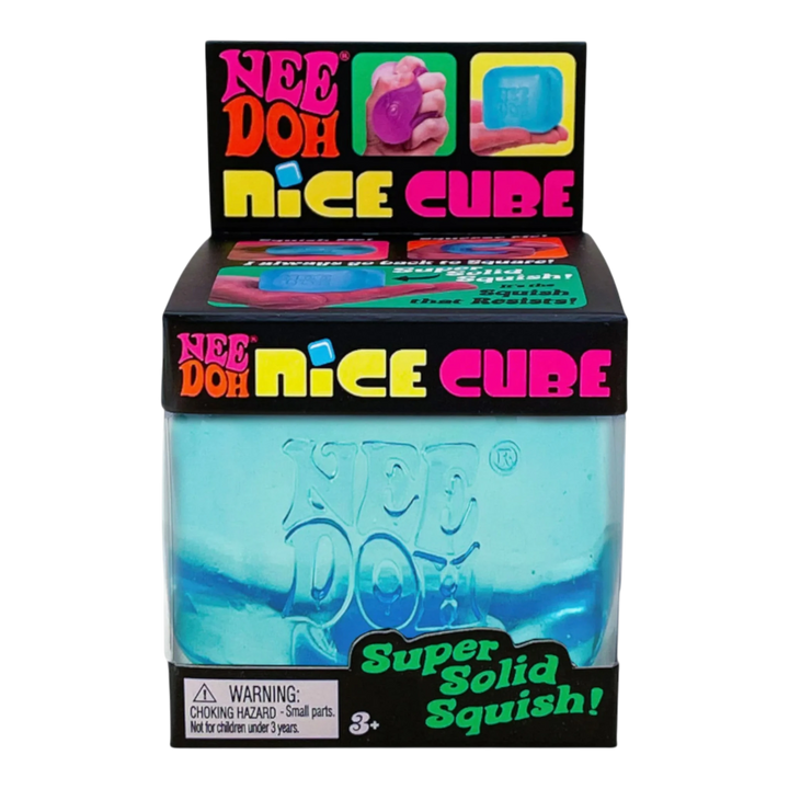 HypeSelection NeeDoh Nice Cube blue squishy fidget toy made of TPE with gel filling. Cube-shaped stress relief toy.