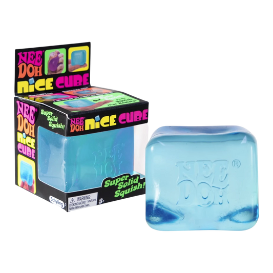 HypeSelection NeeDoh Nice Cube blue squishy fidget toy made of TPE with gel filling. Cube-shaped, stress-relief toy.