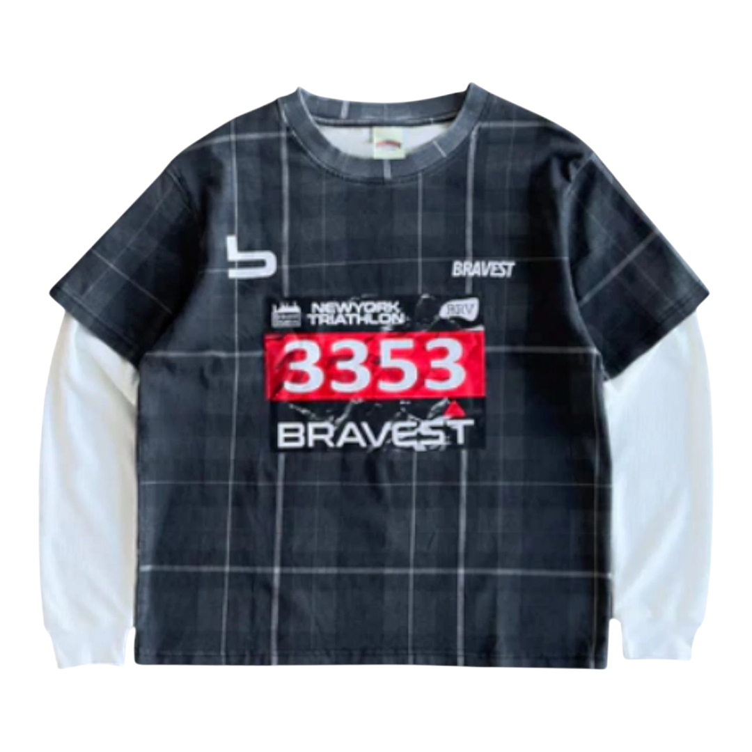 HypeSelection Bravest Studios Marathon Plaid Thermal Tee with black plaid body and white thermal sleeves, featuring '3353' graphic.