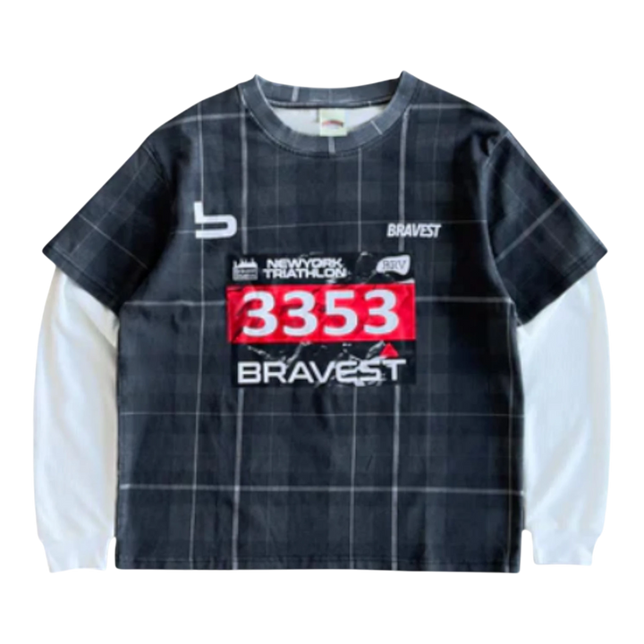 HypeSelection Bravest Studios Marathon Plaid Thermal Tee with black plaid body and white thermal sleeves, featuring &