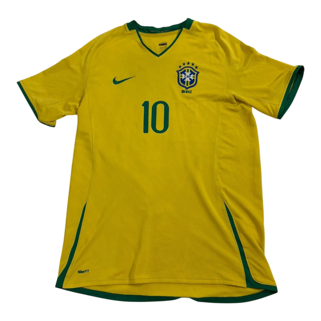 Vintage HypeSelection yellow Nike Brazil soccer jersey with green trim and number 10 on front.