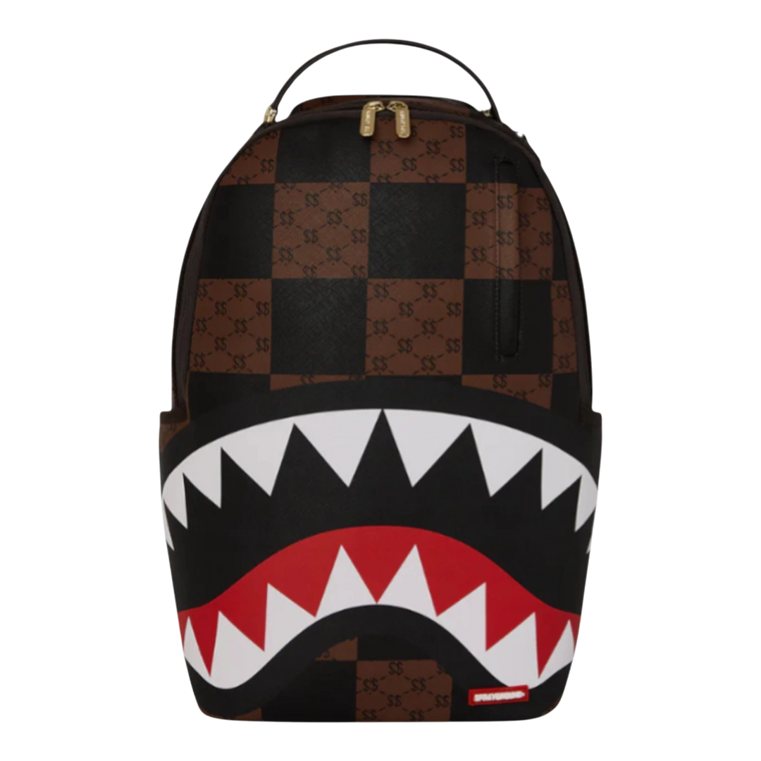 HypeSelection brown and black enlarged check PVC backpack with shark mouth design and gold zippers.