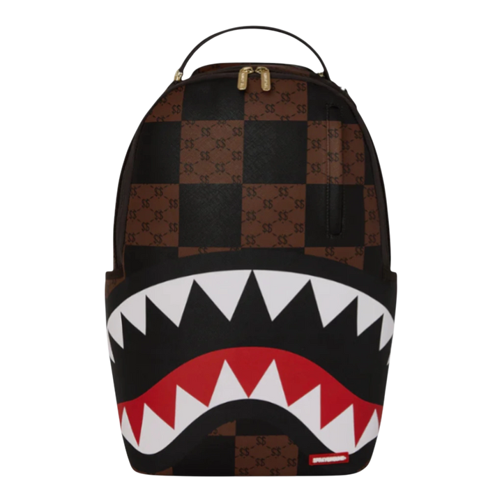 HypeSelection brown and black enlarged check PVC backpack with shark mouth design and gold zippers.