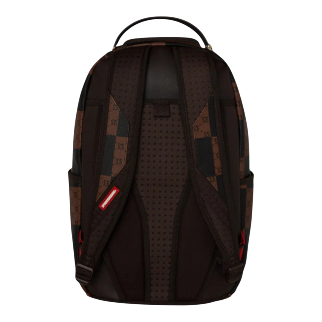 HypeSelection brown enlarged check pattern PVC backpack with padded straps and mesh back panel.