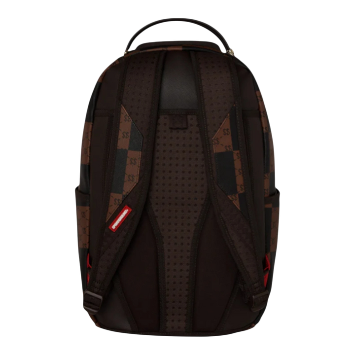 HypeSelection brown enlarged check pattern PVC backpack with padded straps and mesh back panel.