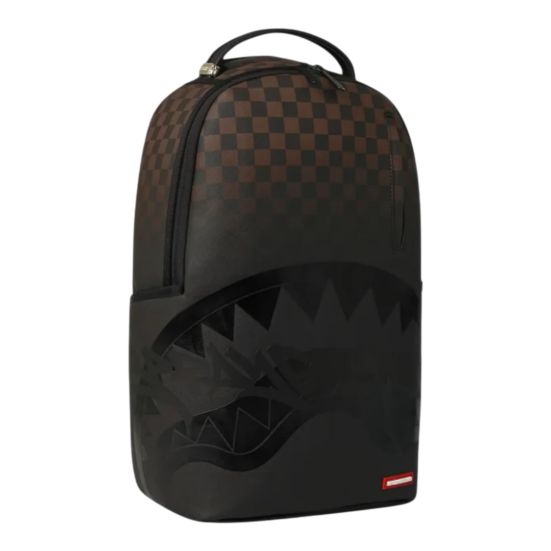 HypeSelection Sprayground brown checkered backpack with black ghost drip shark mouth graphic design
