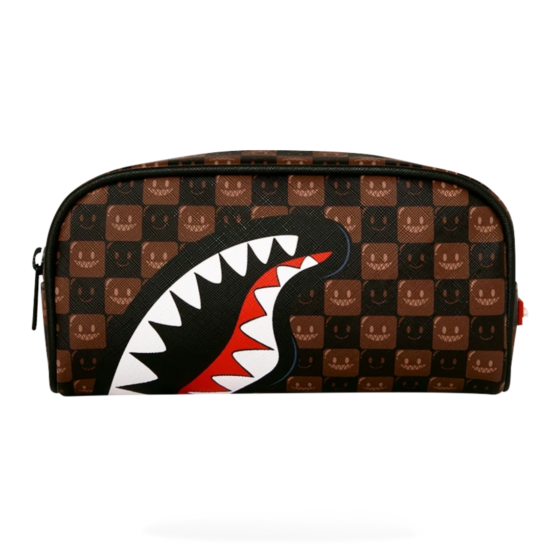 HypeSelection brown checkered pencil pouch featuring the signature Sprayground shark mouth graphic design