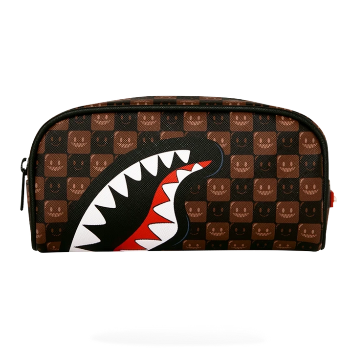 HypeSelection brown checkered pencil pouch featuring the signature Sprayground shark mouth graphic design