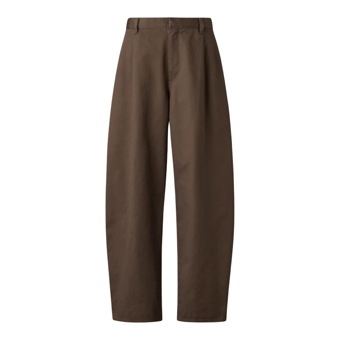 HypeSelection brown 100% cotton twill barrel pants with darts at the hem and adjustable drawstring waist.