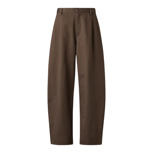 HypeSelection brown 100% cotton twill barrel pants with darts at the hem and adjustable drawstring waist.