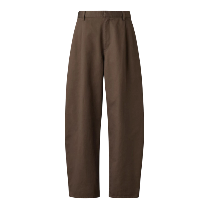 HypeSelection brown 100% cotton twill barrel pants with darts at the hem and adjustable drawstring waist.