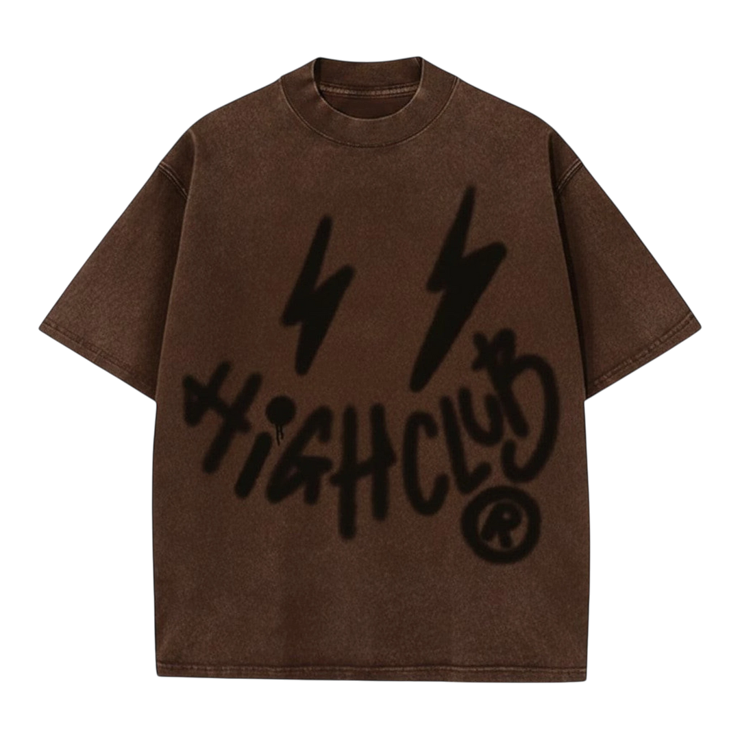 HypeSelection brown cotton oversized graphic tee with distressed "HIGHCLUB" print and lightning bolts.