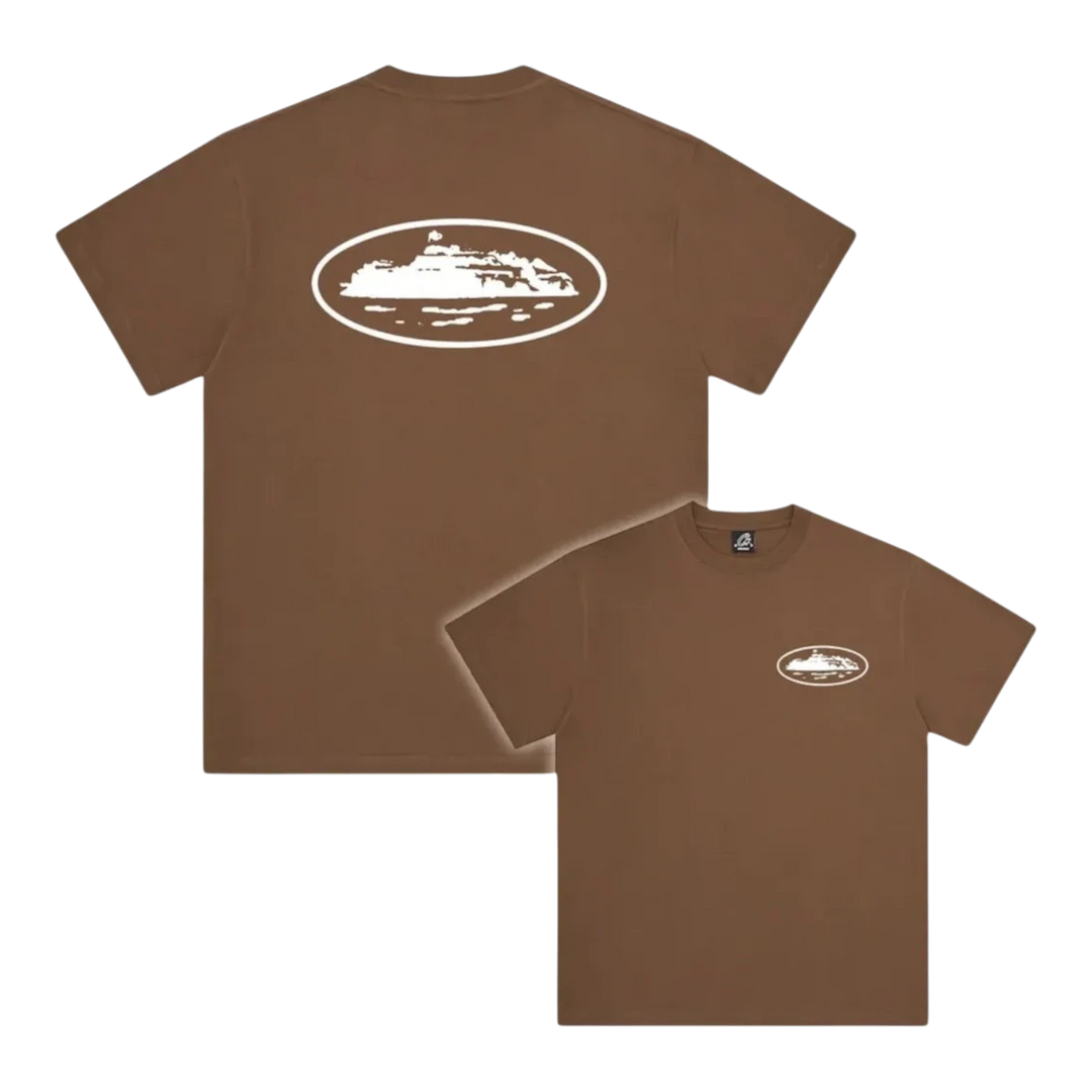 HypeSelection brown 100% cotton t-shirt with white oval island graphic on front and back. Relaxed fit.