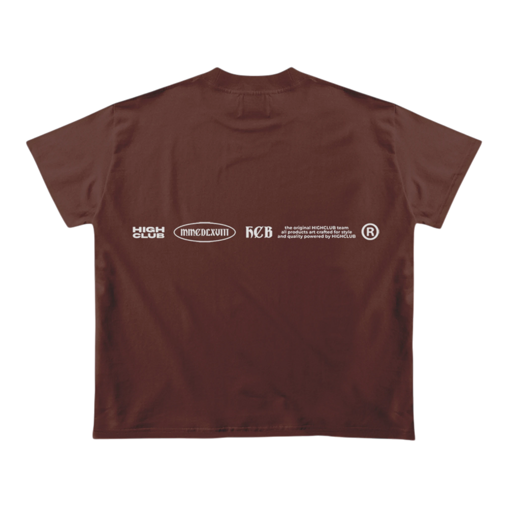 HypeSelection brown 100% cotton boxy fit tee with gothic HIGHCLUB logo and blurred grey figures graphic.