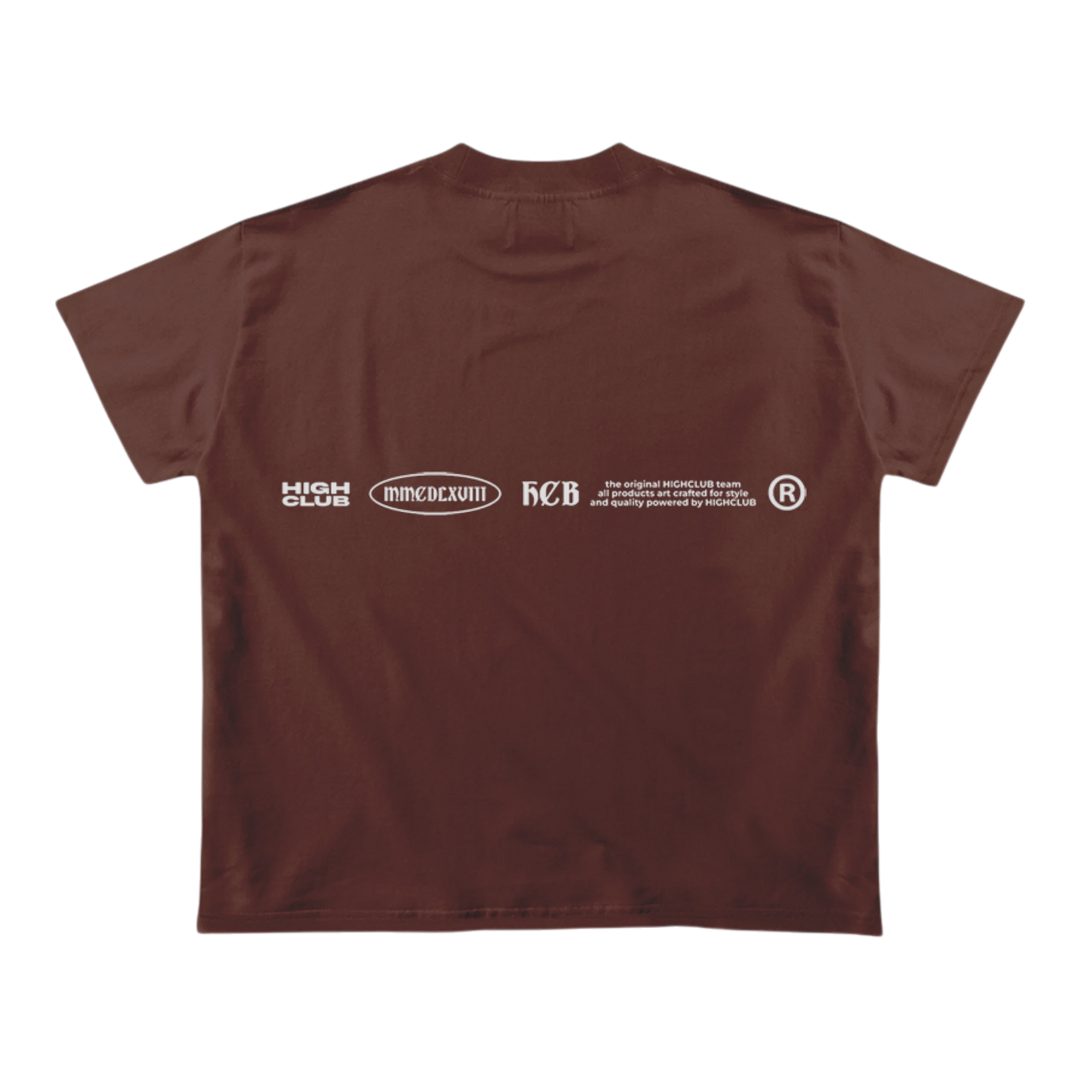 HypeSelection brown 100% cotton boxy fit tee with gothic HIGHCLUB logo and blurred grey figures graphic.