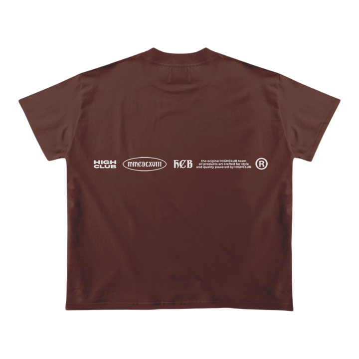 HypeSelection brown 100% cotton boxy fit tee with gothic HIGHCLUB logo and blurred grey figures graphic.