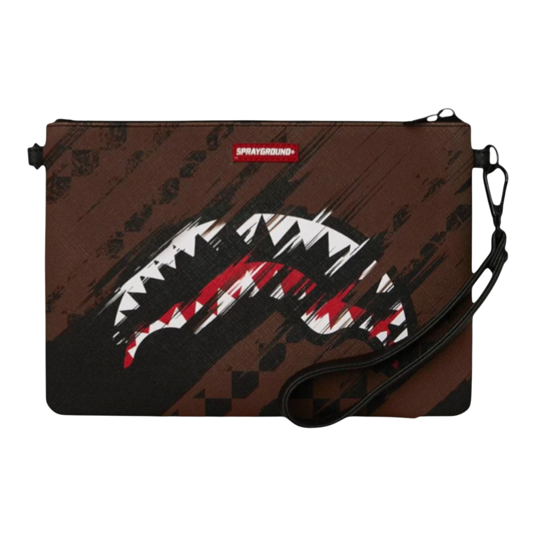 HypeSelection brown synthetic leather crossover clutch with a white and red shark mouth graphic and a removable wristlet strap.