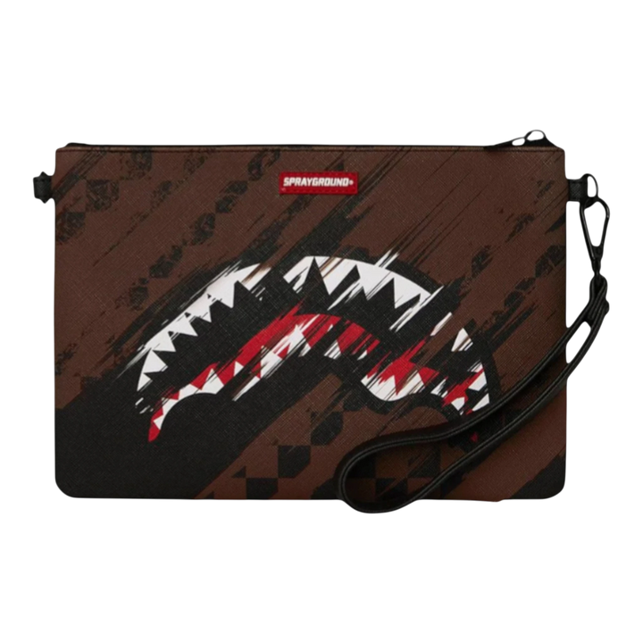 HypeSelection brown synthetic leather crossover clutch with a white and red shark mouth graphic and a removable wristlet strap.