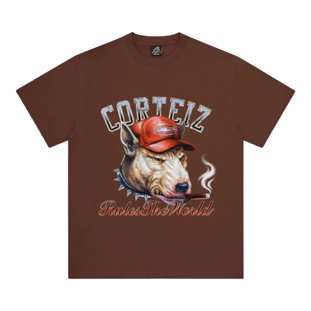 HypeSelection brown 100% cotton t-shirt with a graphic of a bull terrier wearing a red cap and smoking a cigar.