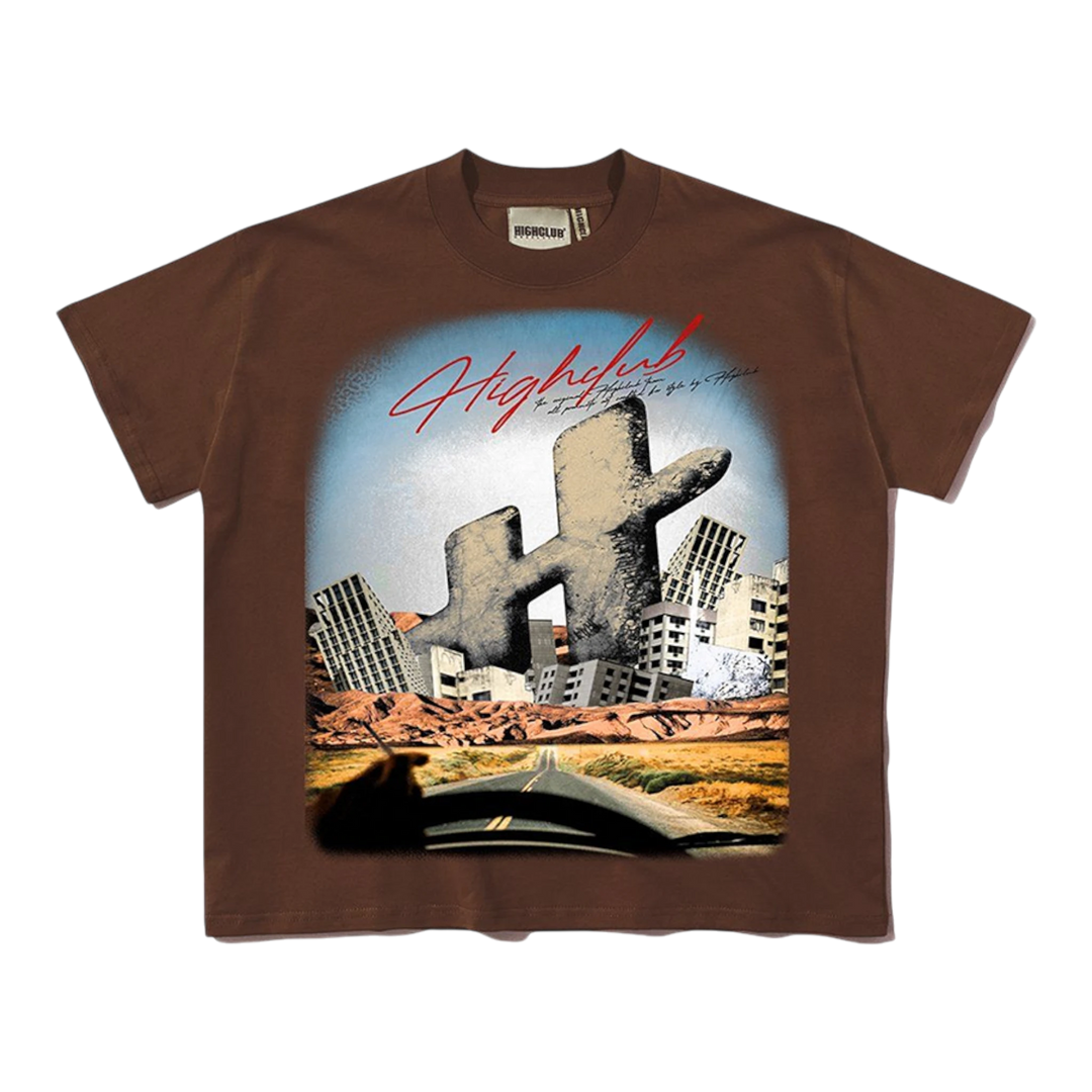 HypeSelection brown 100% cotton oversized graphic tee with post-apocalyptic desert print and HC monogram.