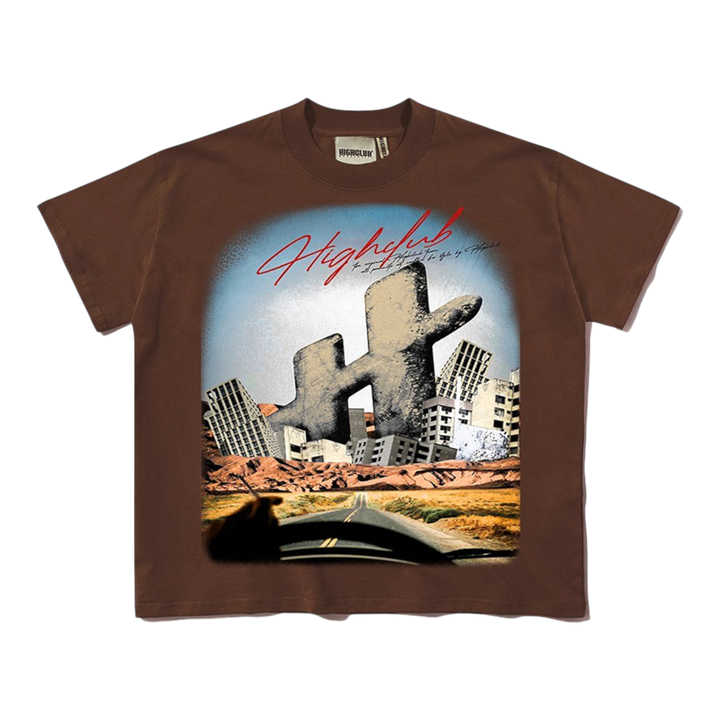 HypeSelection brown 100% cotton oversized graphic tee with post-apocalyptic desert print and HC monogram.