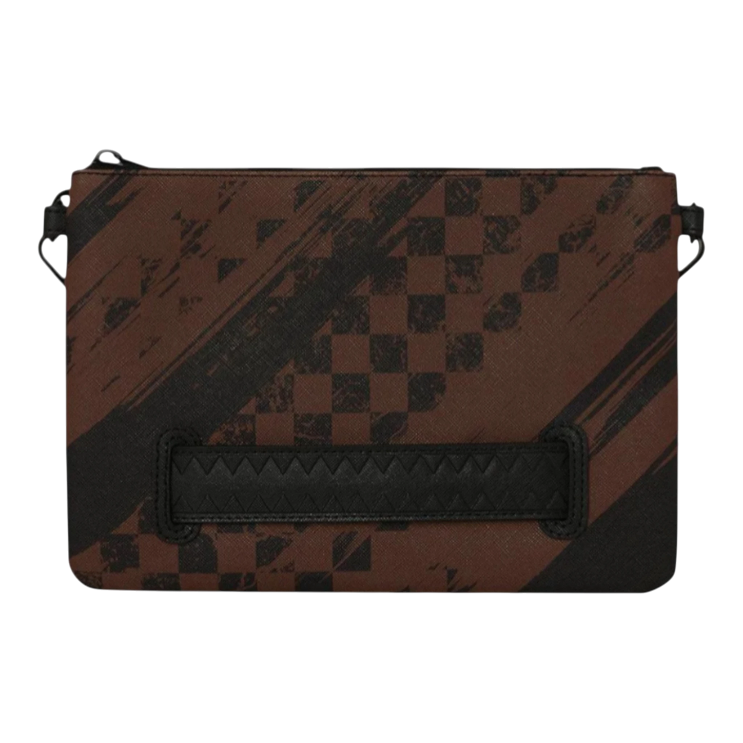 HypeSelection brown and black smeared grunge checkered crossover clutch with zip closure and removable strap.