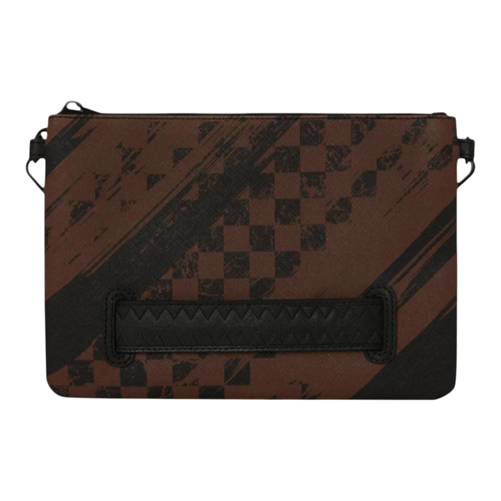 HypeSelection brown and black smeared grunge checkered crossover clutch with zip closure and removable strap.