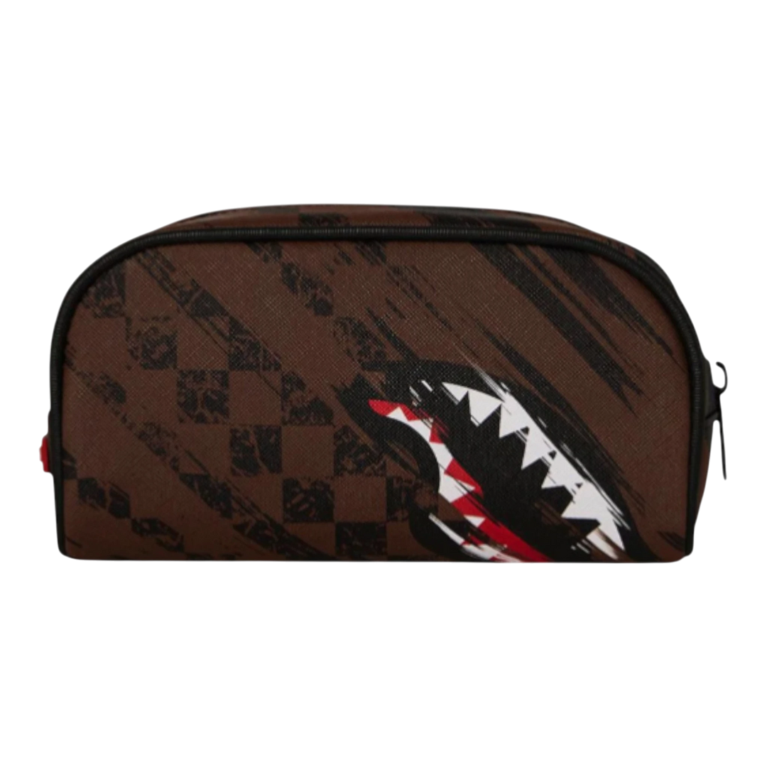 HypeSelection brown synthetic leather pouch with a smeared grunge graphic and shark teeth design. Features a zip closure.
