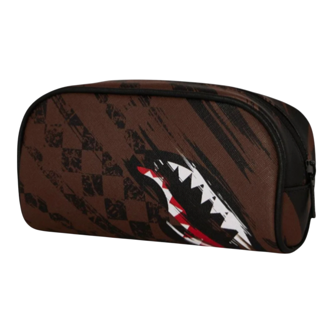 HypeSelection brown synthetic leather pouch with a smeared grunge graphic and shark teeth design, featuring a zip closure.