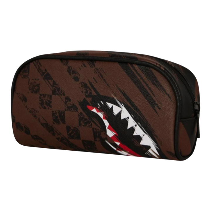 HypeSelection brown synthetic leather pouch with a smeared grunge graphic and shark teeth design, featuring a zip closure.