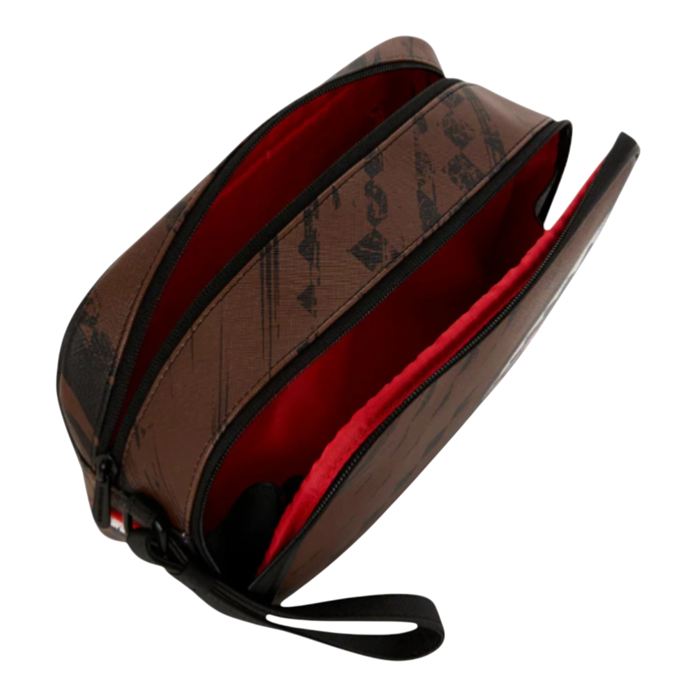 HypeSelection brown PVC toiletry bag with smeared grunge graphic design and red interior. Dual zip compartments and side handle.