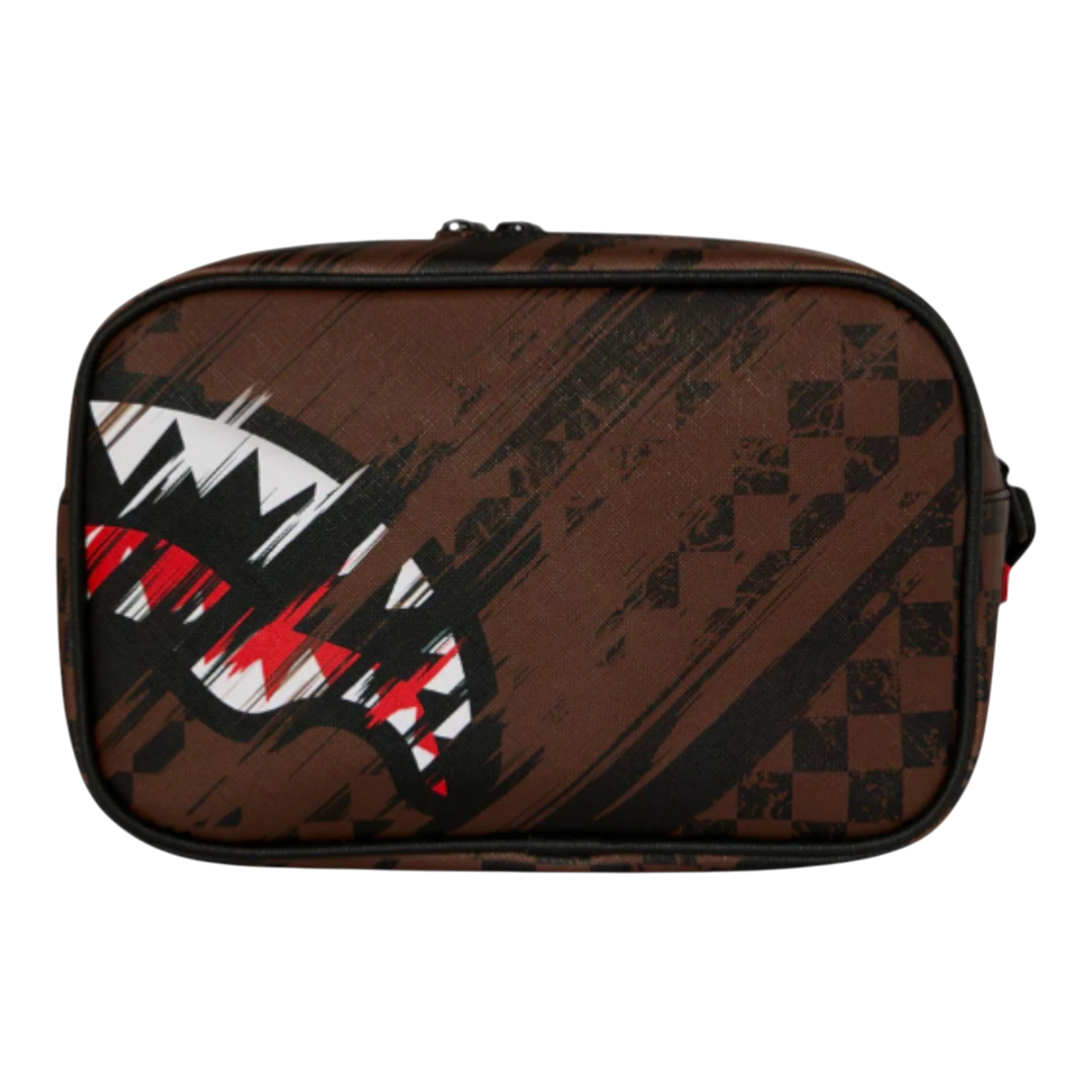 HypeSelection brown PVC toiletry bag with a smeared grunge graphic and shark teeth design. Features dual zip compartments and a side handle.