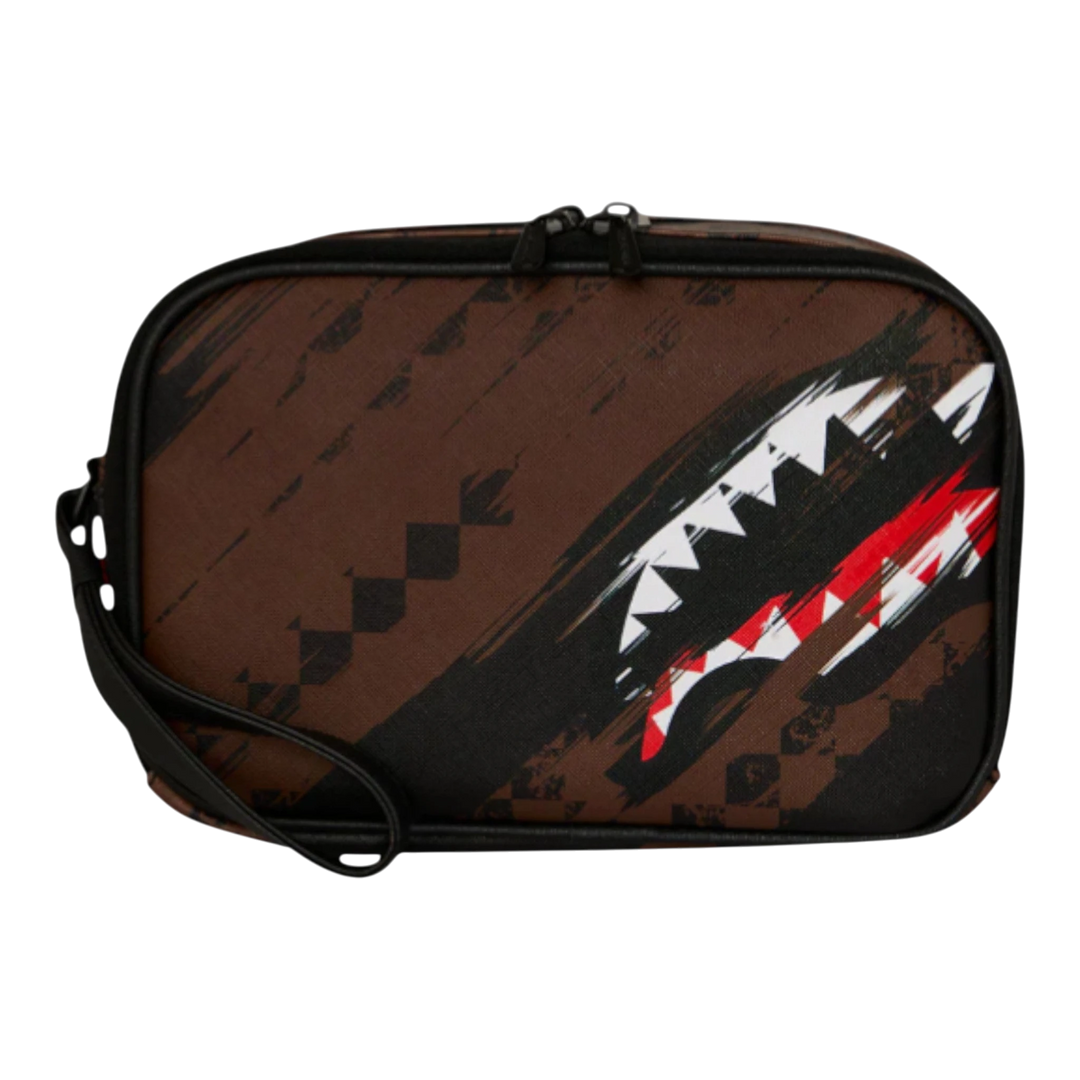 HypeSelection brown PVC toiletry bag with smeared grunge graphics and shark teeth design. Features dual zippers and a side handle.
