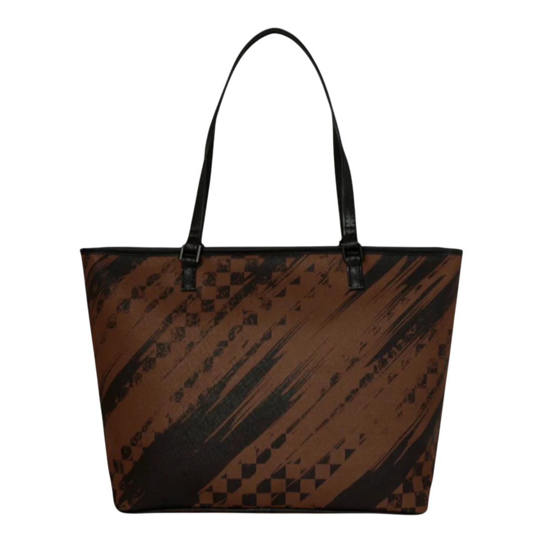 HypeSelection brown and black smeared grunge print synthetic leather tote bag with dual handles.