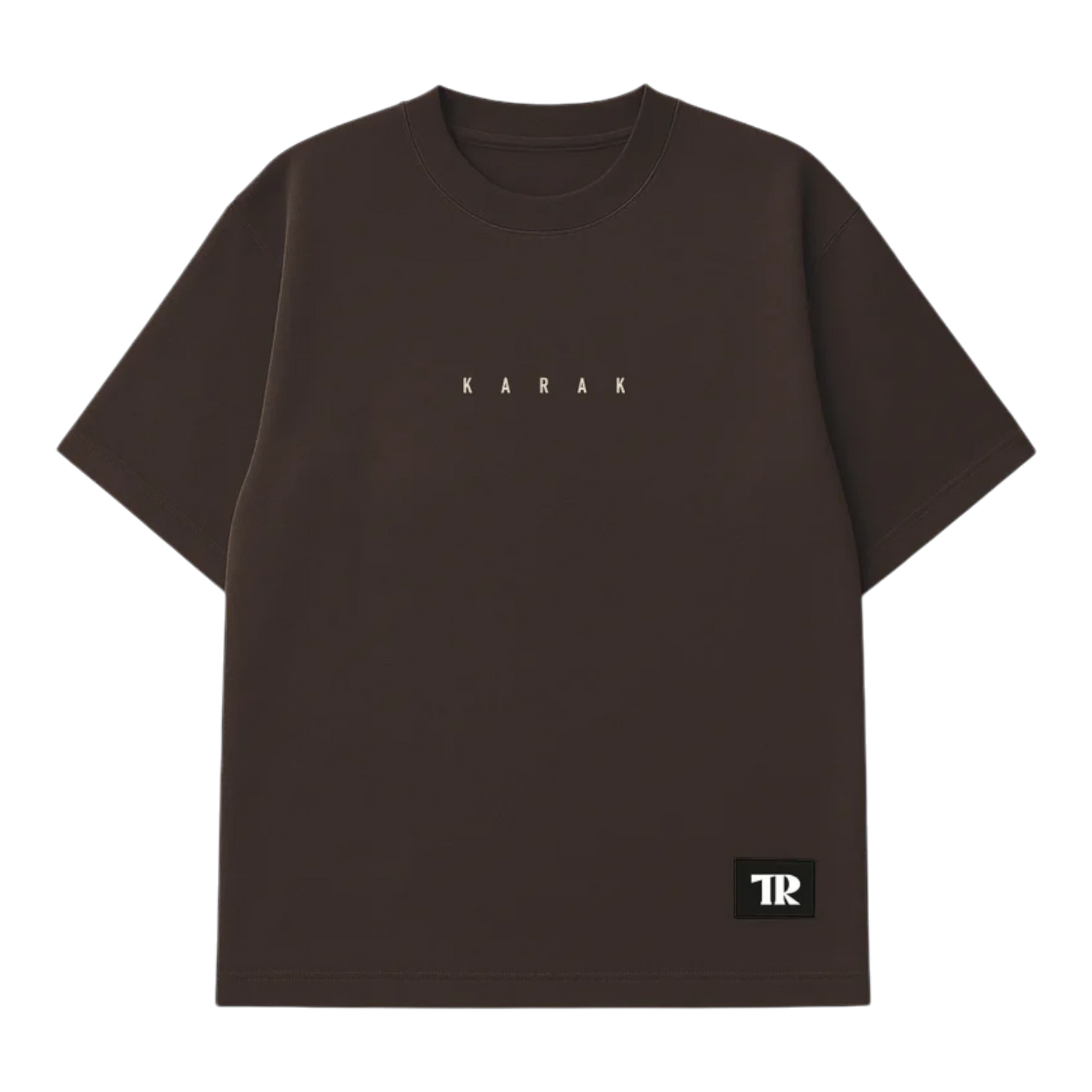 HypeSelection brown heavyweight cotton t-shirt with 'KARAK' text graphic and TR logo patch. Oversized fit.