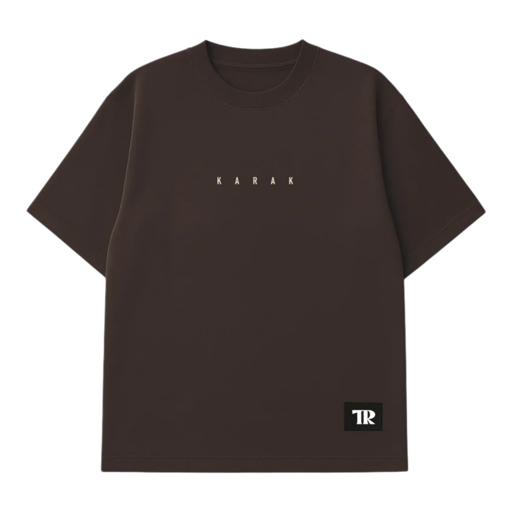 HypeSelection brown heavyweight cotton t-shirt with 'KARAK' text graphic and TR logo patch. Oversized fit.