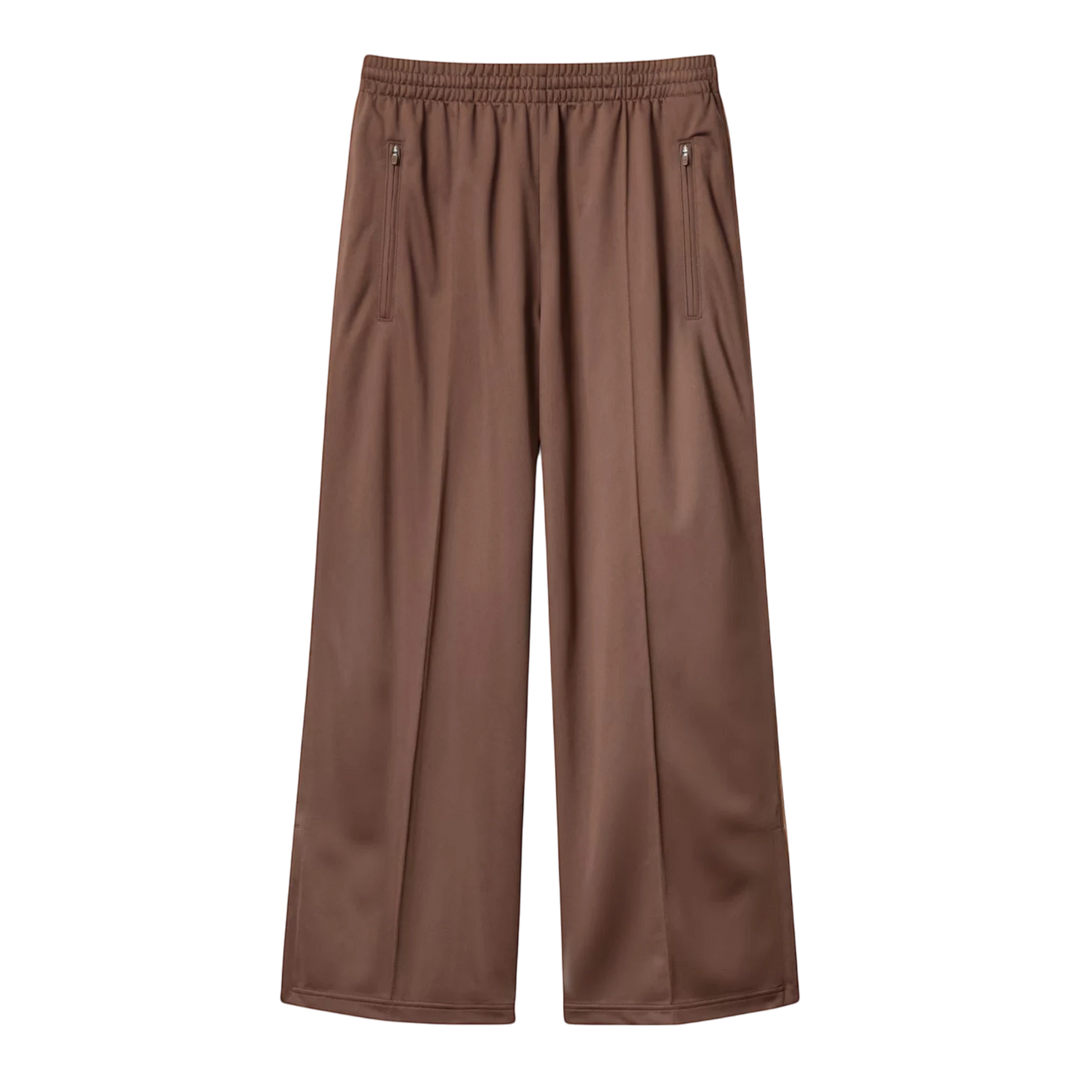 HypeSelection brown polyester track pants with relaxed fit, elastic waistband, zip pockets, and zip-adjustable hems.