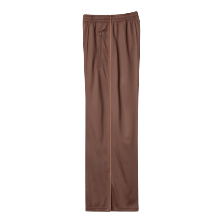 HypeSelection Uniqlo JW Anderson brown polyester track pants with contrast piping and zip hems.