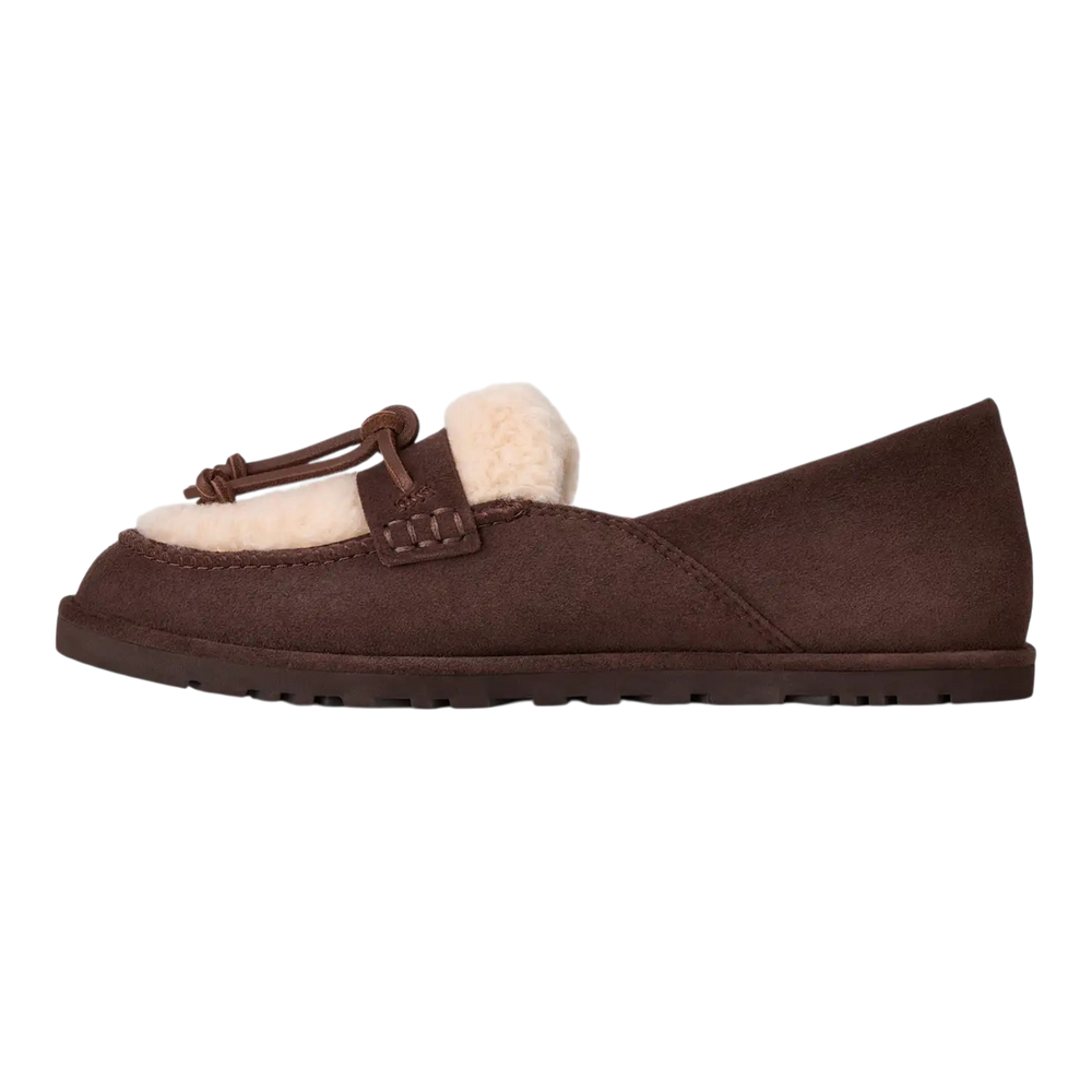 HypeSelection UGG Zora brown suede slip-on loafer with cream lambskin lining and decorative tassel detail