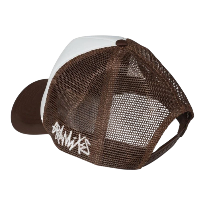 HypeSelection brown and white trucker hat with mesh back and embroidered logo on the side.