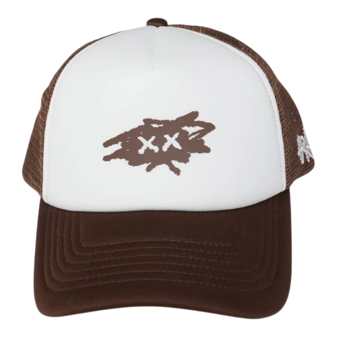 HypeSelection brown and white trucker hat with "Nittle" graphic and mesh back