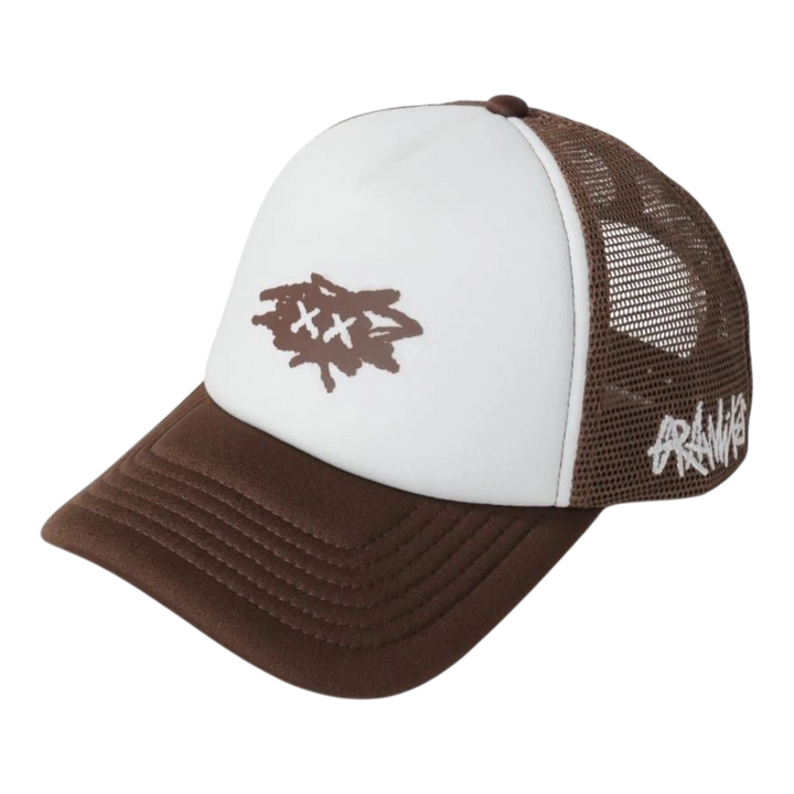HypeSelection brown and white trucker hat with "Nittle" graphic and mesh back