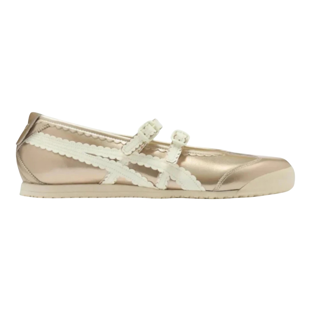 HypeSelection women's champagne metallic Onitsuka Tiger Mexico 66 TGRS ballet flat sneakers with cream flower-cut stripes and buckle strap.