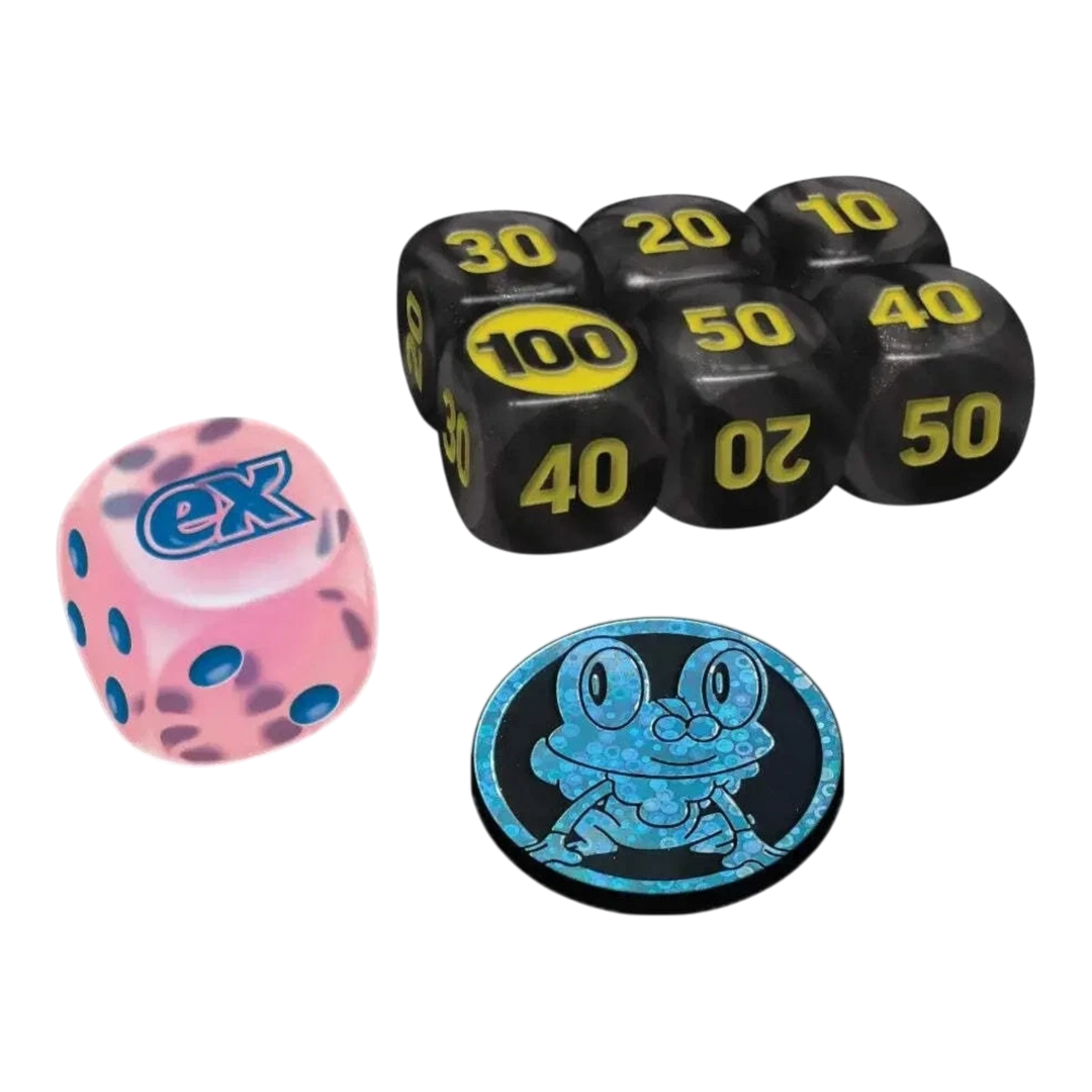 HypeSelection Chaos Rising Elite Trainer Box damage counter dice, coin-flip die, and condition marker for Pokemon TCG