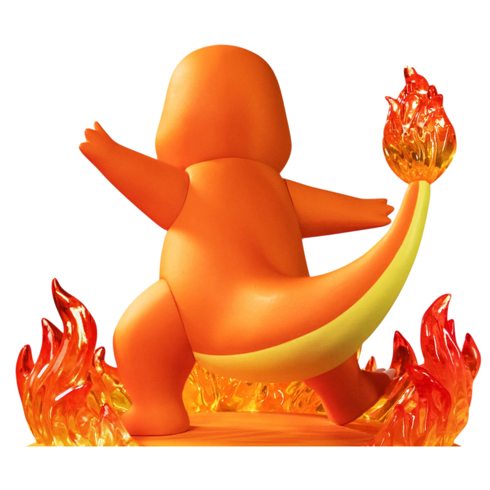 HypeSelection Funism Charmander Twinkmont figure in orange PVC with translucent flame base, rear view.