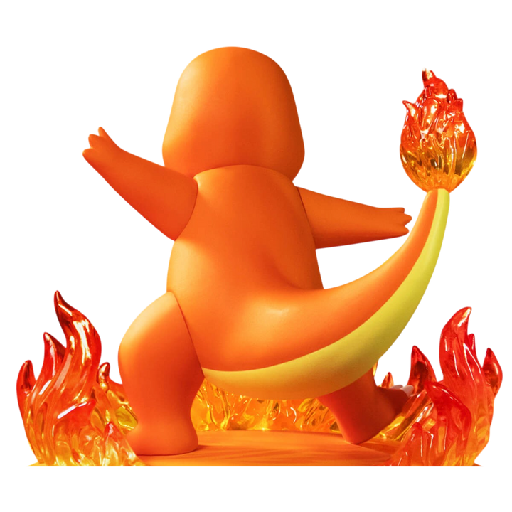 HypeSelection Funism Charmander Twinkmont figure in orange PVC with translucent flame base, rear view.